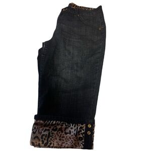 Women's Blue Capri Jeans with Leopard Print Cuff 12
